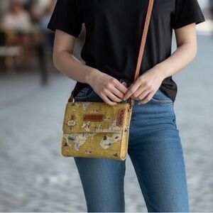 Travel By Sharif Vintage Map Print Crossbody Canvas & Leather Bag 7" x 6" x 2.5"